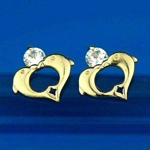14k Solid Gold Double Dolphin Stud Screw Back Earrings with Sparkling Stone